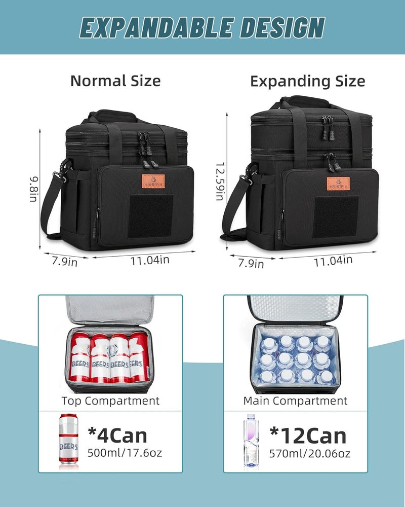 HSHRISH Lunch Box for men, Large Expandable Insulated Lunch Bag, Durable Waterproof Leakproof Tactical Cooler Bag for Adults Men to Work Picnic Beach Day Trips, 24 Cans/16 L, Black - Image 3